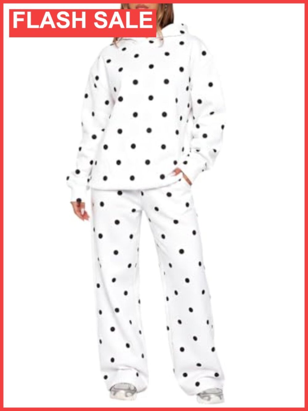 Fleece Oversized Hoodie Wide Leg Sweatpants Set Polka Dot 2-Piece Tracksuit